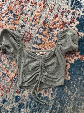 SO Sage Green Eyelet Ruched Crop Top with Puff Sleeves
